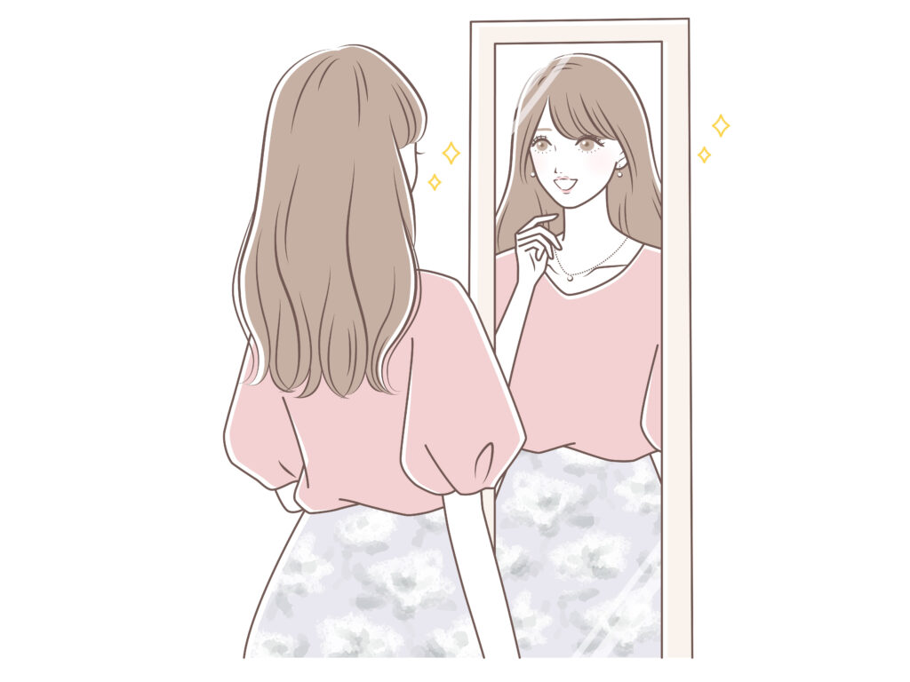 鏡に映る姿を見る女性イラスト