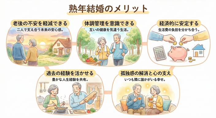 熟年結婚のメリットのイラスト図