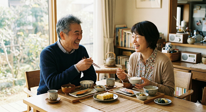 ５０代夫婦仲良く食事をとっている