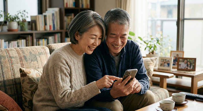 夫婦そろって仲良くスマートホンを見ている