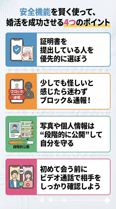 安全機能を賢く使って、婚活を成功させる4つのポイントのイラスト画像