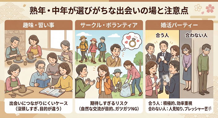 熟年・中年が選びがちな出会いの場と注意点のイラスト画像