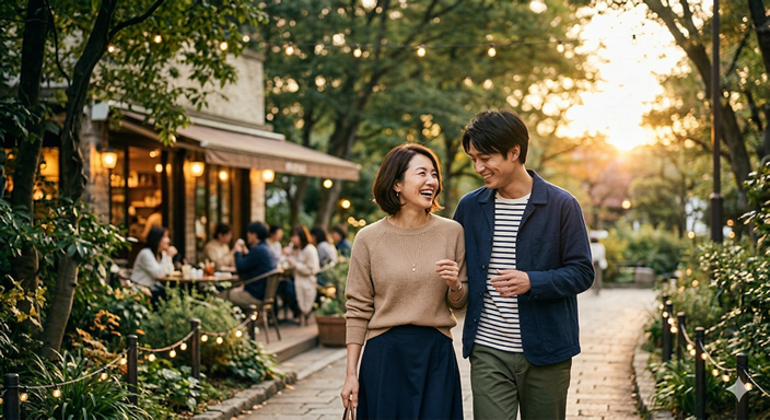 仲睦まじく散歩をする男女