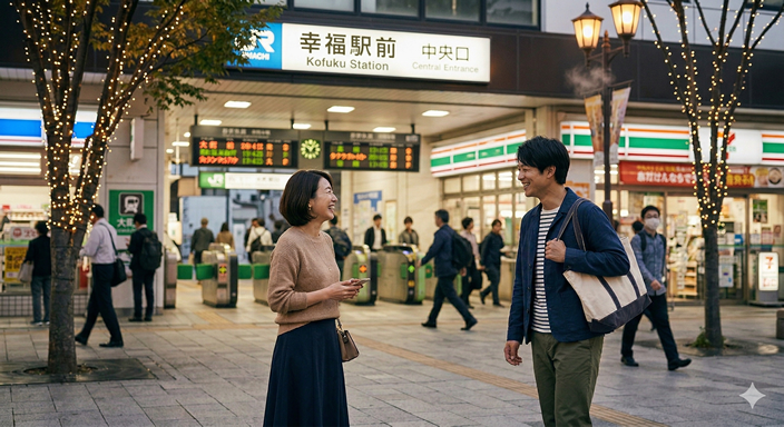 駅前でマッチ合わせる男女