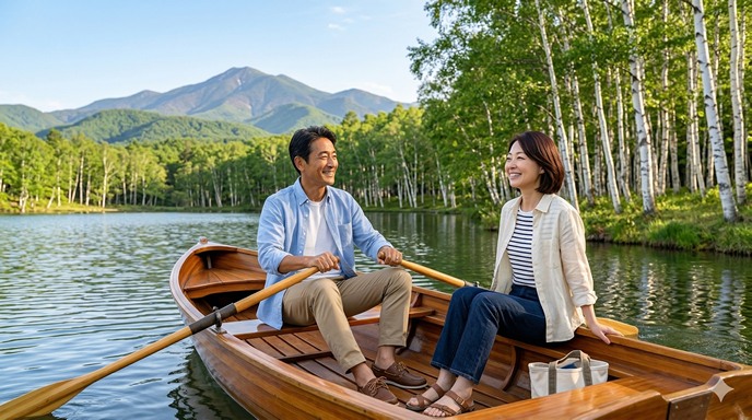 湖でボート遊びをする男女