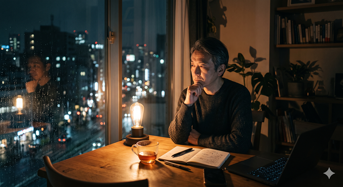 夜一人で物思いにふける男性