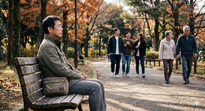 公園のベンチで一人座る男性