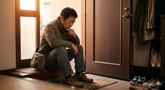 家の玄関付近で靴を見つめる男性（