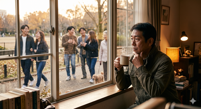 から外を眺める50代男性