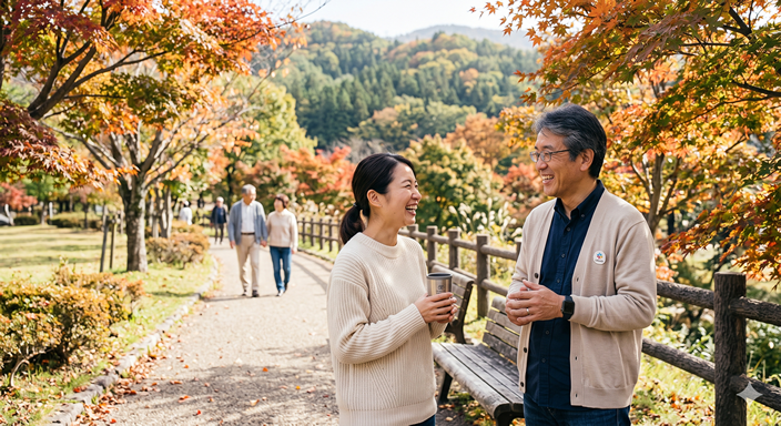 公園で同年代の人と笑顔で会話する