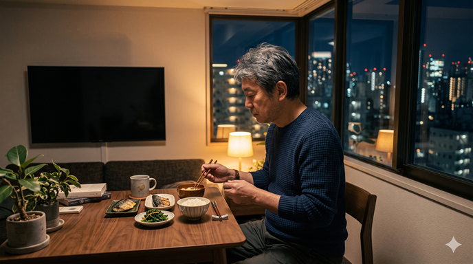 静かな夕食を一人で食べている