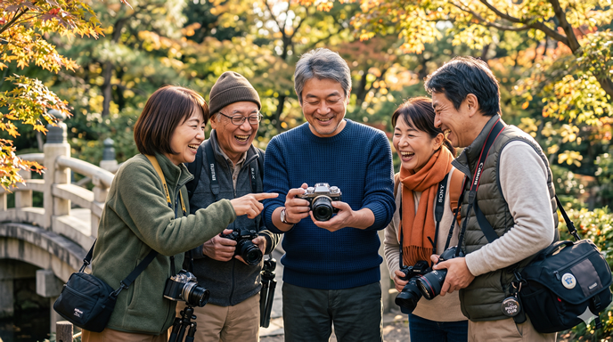 写真サークルで笑顔で会話している