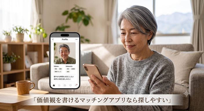自宅のリビングでスマートフォンを見ながら穏やかな表情を浮かべる50代の女性