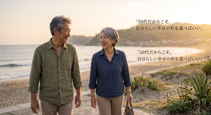 夕日が差し込む海辺の遊歩道をゆっくり歩く50代の男女