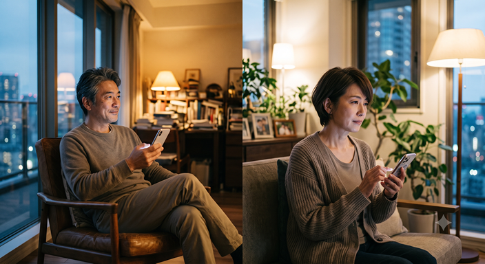 50代の男女が夜、自宅のリビングでスマートフォンを見つめながら窓の外を眺めている