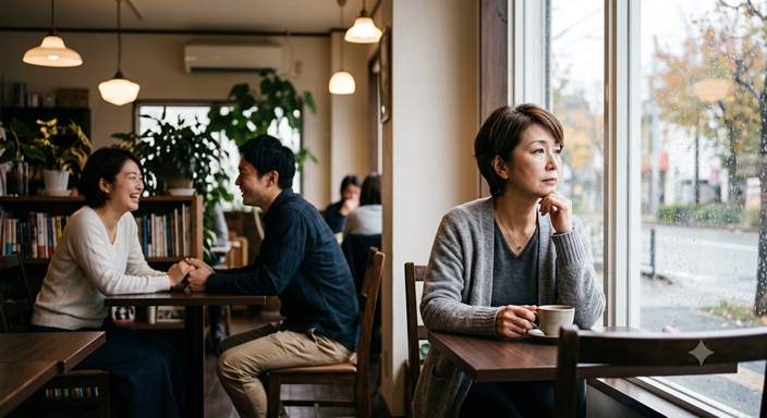 50代の女性がカフェの窓際でコーヒーを飲みながら考え込んでいる