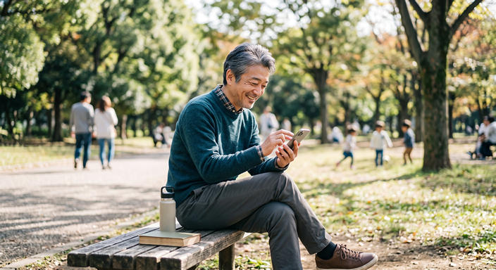 50代の男性が休日の公園でベンチに座り
