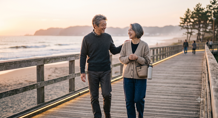50代の男女が海辺の遊歩道をゆっくり歩きながら穏やかに会話を楽しんでいる