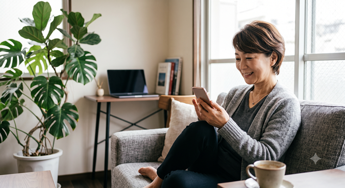「0代の女性が自宅のソファでリラックスしながらスマートフォンのマッチングアプリを操作している