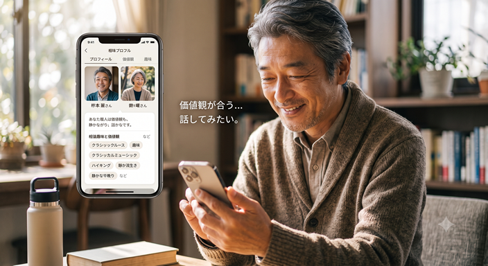 50代の男性がスマートフォンのプロフィールを見ながら優しく微笑んでいる