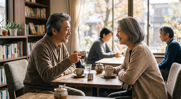 晴れた朝、50代の男女が緑の多い遊歩道を笑顔で並んで歩いている