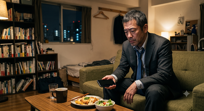 0代男性がソファに座り、マッチングアプリを開いたスマホを静かに閉じて深いため息をついている