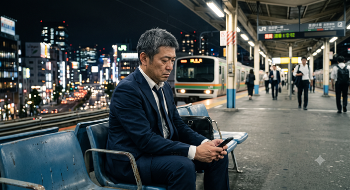 仕事帰りの40代の人物が、一人で駅のベンチに座りながらスマホを握りしめている