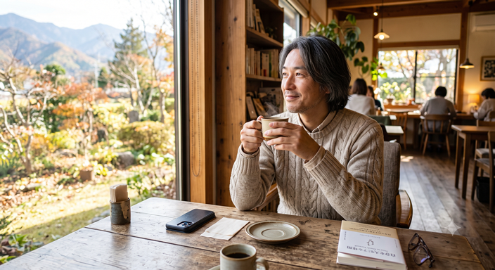 休日の朝、40代の人物がカフェで温かいコーヒーを飲みながら、スマホを机の上に伏せて窓の外を眺めている