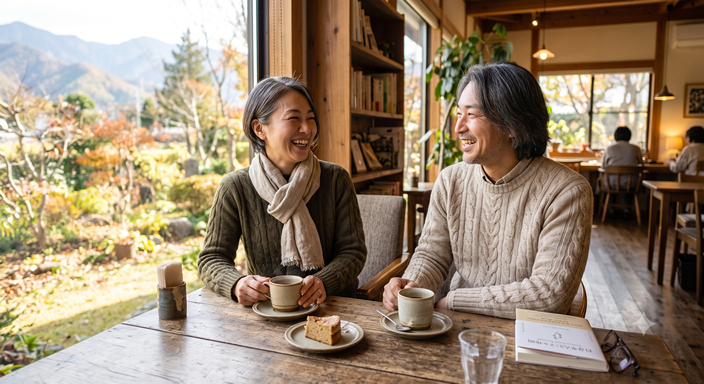 40代の男女が落ち着いた雰囲気のカフェで自然な笑顔で会話を楽しんでいる