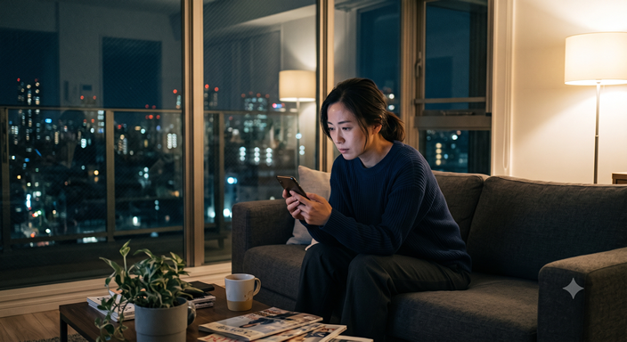 夜の自宅リビングで、一人ソファに座るアラフォー女性