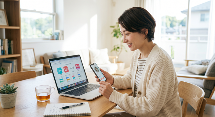明るい部屋でノートパソコンとスマートフォンを使い、複数のマッチングアプリを比較しているアラフォー女性