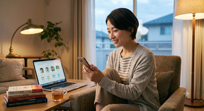 自宅で落ち着いてマッチングアプリのプロフィールを閲覧するアラフォー女性