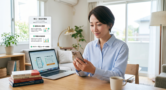 スマートフォンを手にしたアラフォー女性が、「安全性」「料金」「本人確認」などを確認しながら安心した表情を見せている